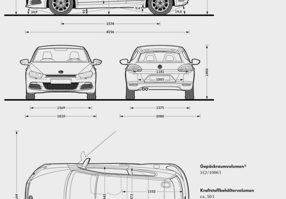 Volkswagen Scirocco (2009) (Фольцваген Сцирокко (2009)) - чертежи (рисунки) автомобиля